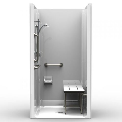 ADA transfer shower LG LSS4238A with center drain, smooth wall, and compliant seat and grab bars