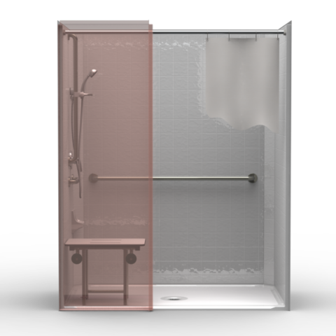 ADA single-piece shower LCS26337W.V2 with center drain, wing wall, 4″ classic tile finish, and compliant seat and grab bars