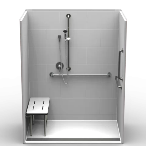 ADA single-piece shower LB3S26333AFT.V3 with front trench drain, subway tile finish, and compliant seat and grab bars
