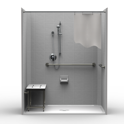 ADA single-piece shower LES26337A.V2 with center drain, 8″ tile finish, and compliant seat and grab bars
