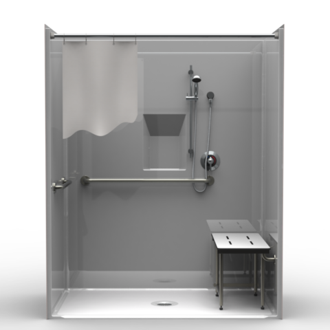 ADA single-piece shower LSOS26337A with center drain, smooth wall finish, recessed soap dish, and compliant seat and grab bars
