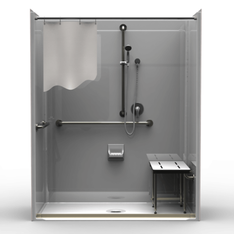 ADA single-piece shower LSS26333A.V2 with center drain, SmoothWall finish, and compliant seat and grab bars