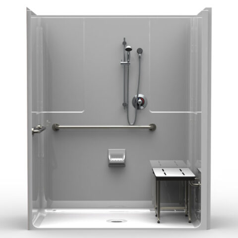 MODEL: LSS26533AB.V2 65″X 33″ LG SINGLE-PIECE SHOWER | ACCESSIBLE | CENTER DRAIN | COMPLIANT | SMOOTH FINISH | This is a 1-piece Code Compliant shower with a reveal. The model has various thresholds, with a center drain and a beautiful Smooth wall pattern finish. Seat and grab bars must be installed in compliance with ADA requirements.