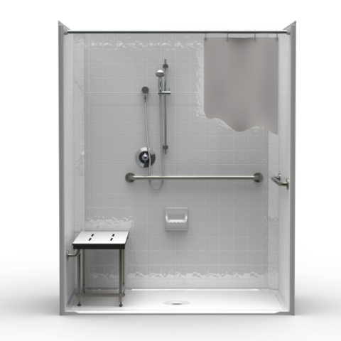 ADA single-piece shower LCS26337A.V2 with center drain, 4″ classic tile finish, and compliant seat and grab bars