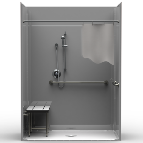 ADA single-piece shower XSS26333A with center drain, extra-tall SmoothWall finish, and compliant seat and grab bars