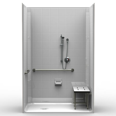 ADA single-piece extra tall shower XES6337E with left/right drain, 8″ tile finish, and compliant seat and grab bars