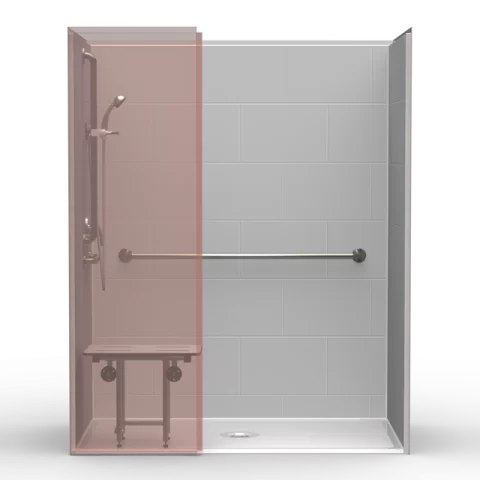 ADA single-piece shower LB3S26337W with center drain, wing wall, 12″x18″ subway tile finish, and compliant seat and grab bars