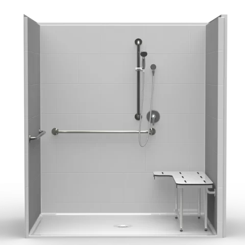 ADA single-piece shower LB3S27147A with center drain, subway tile finish, and compliant seat and grab bars