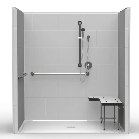 MODEL: LB3S27347A 73″X 47″ LG SINGLE-PIECE SHOWER | ACCESSIBLE | CENTER DRAIN | COMPLIANT | SUBWAY TILE | This is a single-piece barrier-free shower. The model has various traditional threshold heights with a center drain and a beautiful subway tile pattern finish.