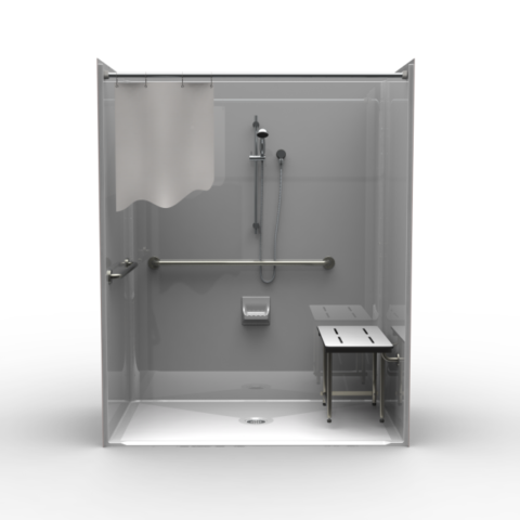 ADA single-piece shower LSS26337A.V2 with center drain, smooth wall finish, and compliant seat and grab bars