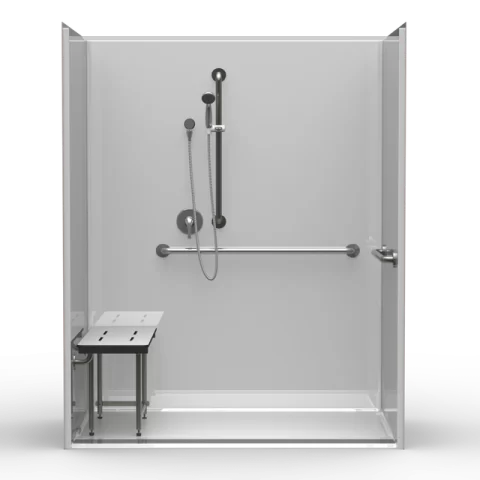 ADA single-piece shower LB3S26337A with center drain, 12″x18″ subway tile finish, and compliant seat and grab bars