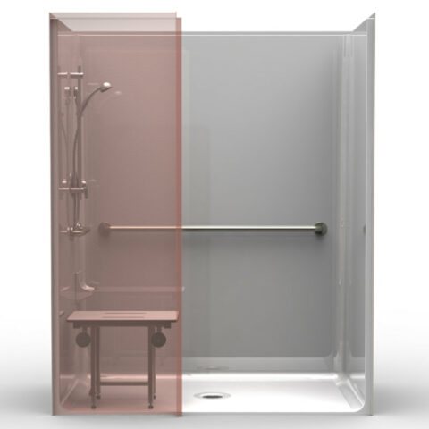 ADA single-piece shower LSS26337W.V2 with center drain, wing wall, smooth wall finish, and compliant seat and grab bars