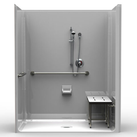 MODEL: LSS26542AT 65″X 42″ LG SINGLE-PIECE SHOWER | ACCESSIBLE | CENTER DRAIN | COMPLIANT | SMOOTH FINISH | This is a single-piece code compliant shower with reveal. The model has various traditional threshold heights with a center drain, front reveal flange, and smooth wall pattern finish. Seat and grab bars must be installed in compliance with ADA requirements.