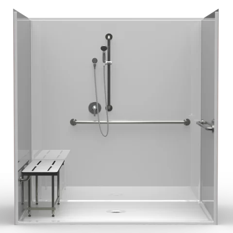 MODEL: LSS27549A 75″X 49″ LG SINGLE-PIECE SHOWER | ACCESSIBLE | CENTER DRAIN | COMPLIANT | SMOOTH FINISH | This is a 1-piece Code Compliant shower. The model has various threshold heights, with a center drain and a beautiful Smooth wall pattern finish. Seat and grab bars must be installed in compliance with ADA requirements.