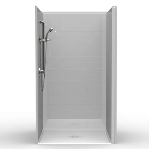 ADA single-piece shower LBS24652B with center drain, subway tile finish, and compliant seat and grab bars
