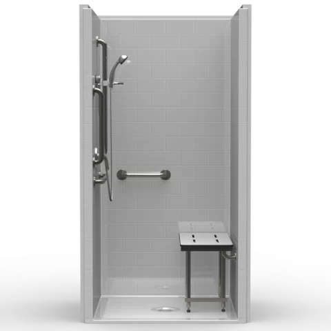 ADA transfer shower LBS4238A5 with center drain, subway tile finish, and compliant seat and grab bars