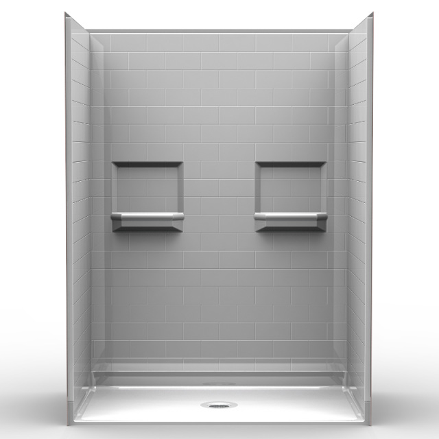 Subway Tile Barrier Shower Kit N5LBS6036B75B with 0.75" beveled threshold, center drain, and built-in soap ledges