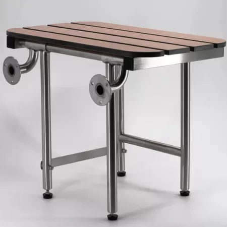 “LG rectangular teak shower seat installed in a bathroom for accessible seating.”