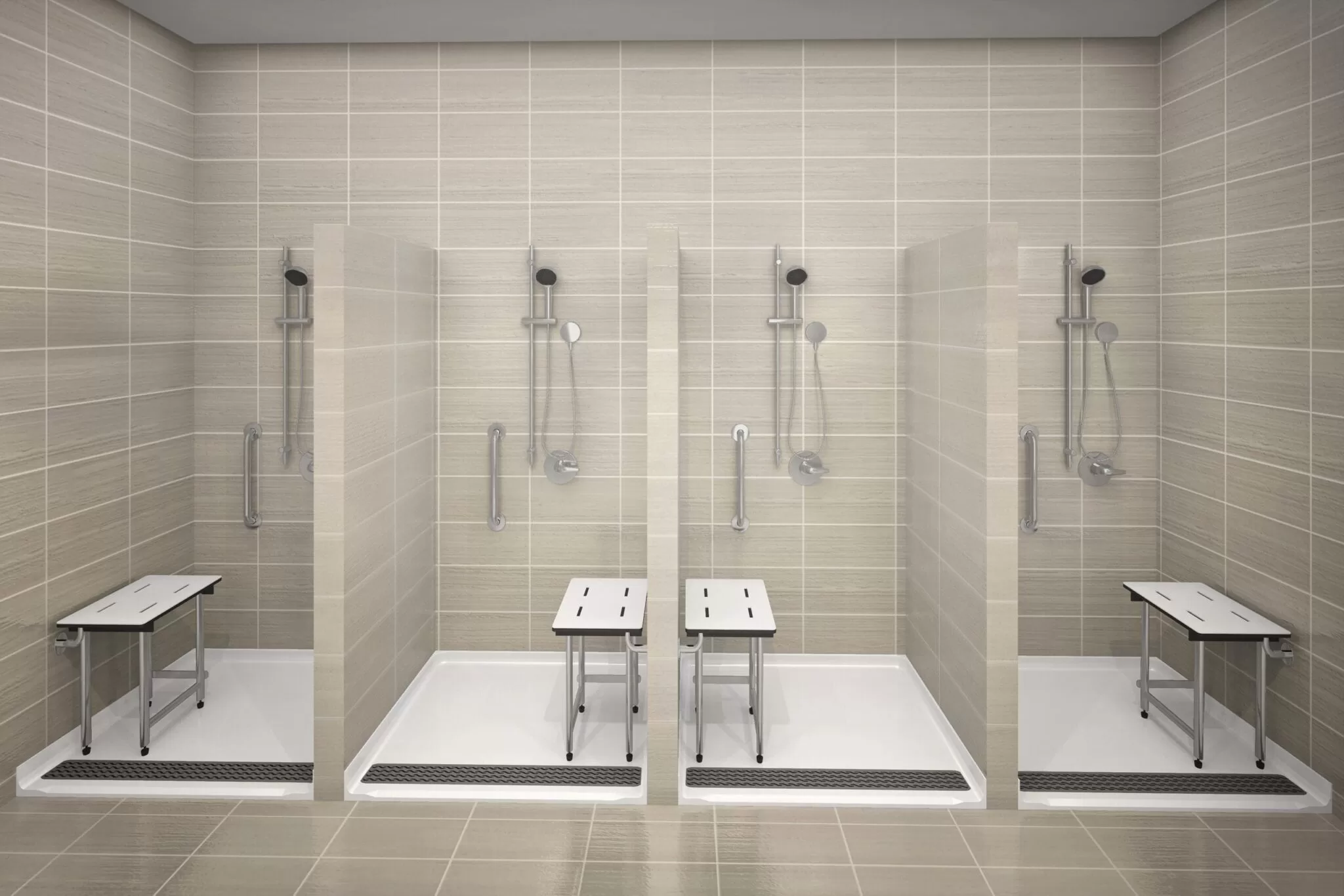 University student in a wheelchair using an LG ADA barrier-free shower with campus staff assistance