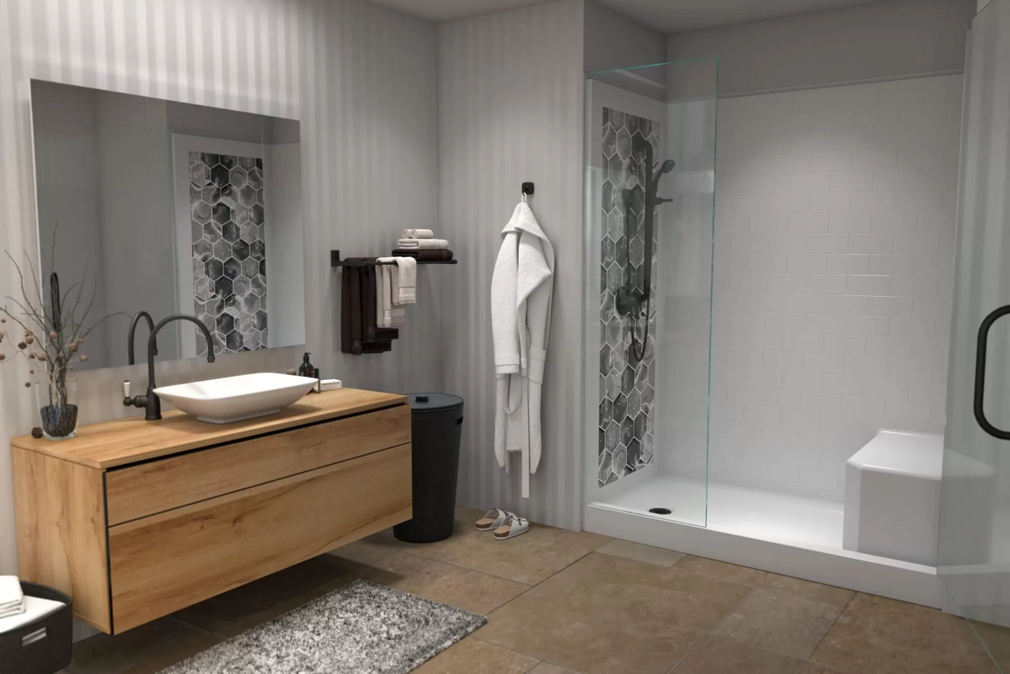 “LG in-home Easy Step curb shower with built-in seat for safe, accessible bathing.”