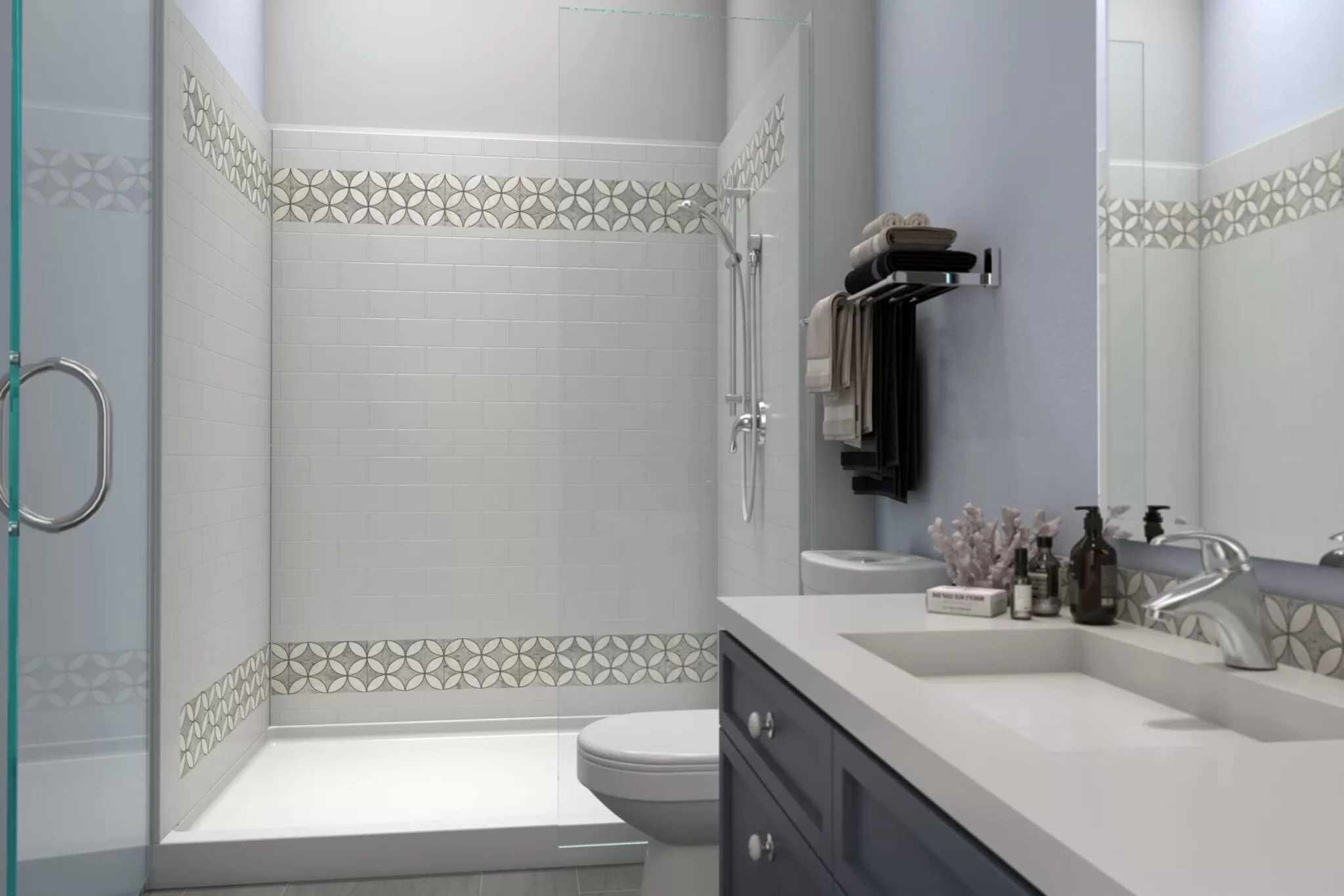 “LG in-home Easy Step curb shower with traditional curb entry for safe bathing.”