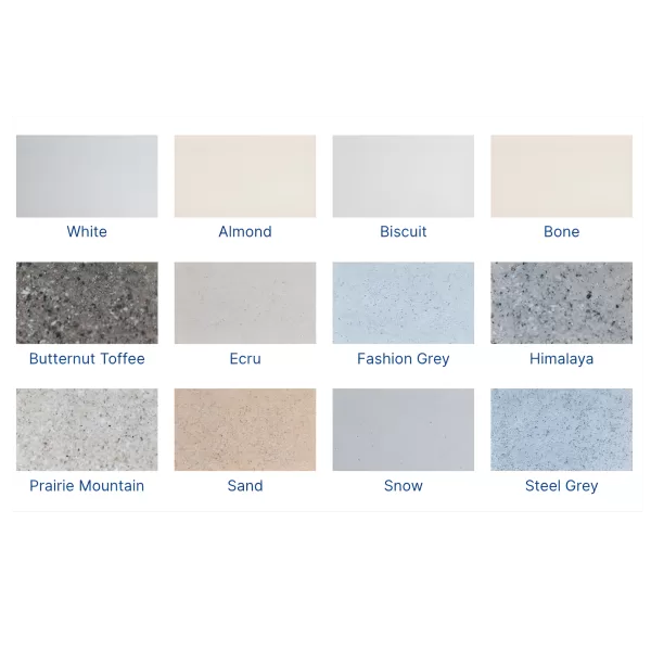 Full color collection featuring White, Almond, Biscuit, Bone, Butternut Toffee, Ecru, Fashion Grey, Himalaya, Prairie Mountain