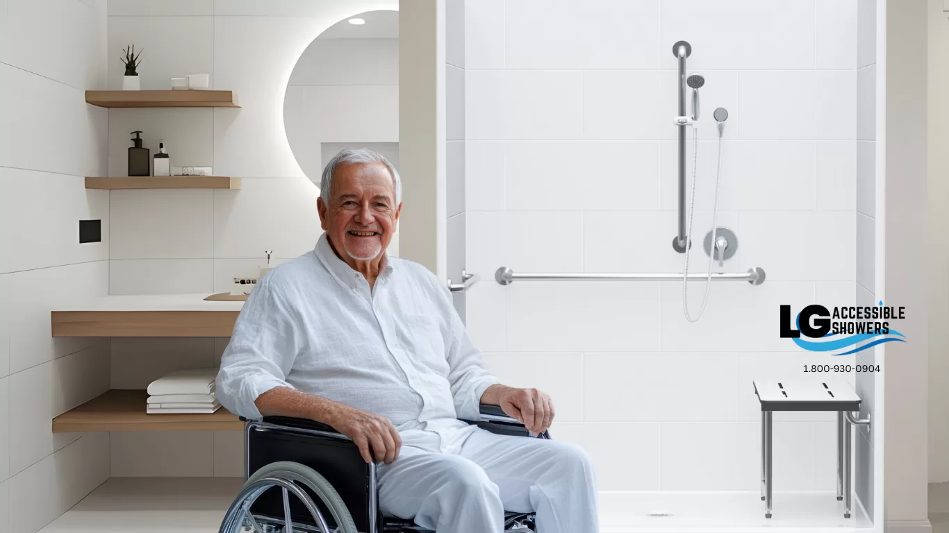 ADA barrier-free shower with seat and grab bars