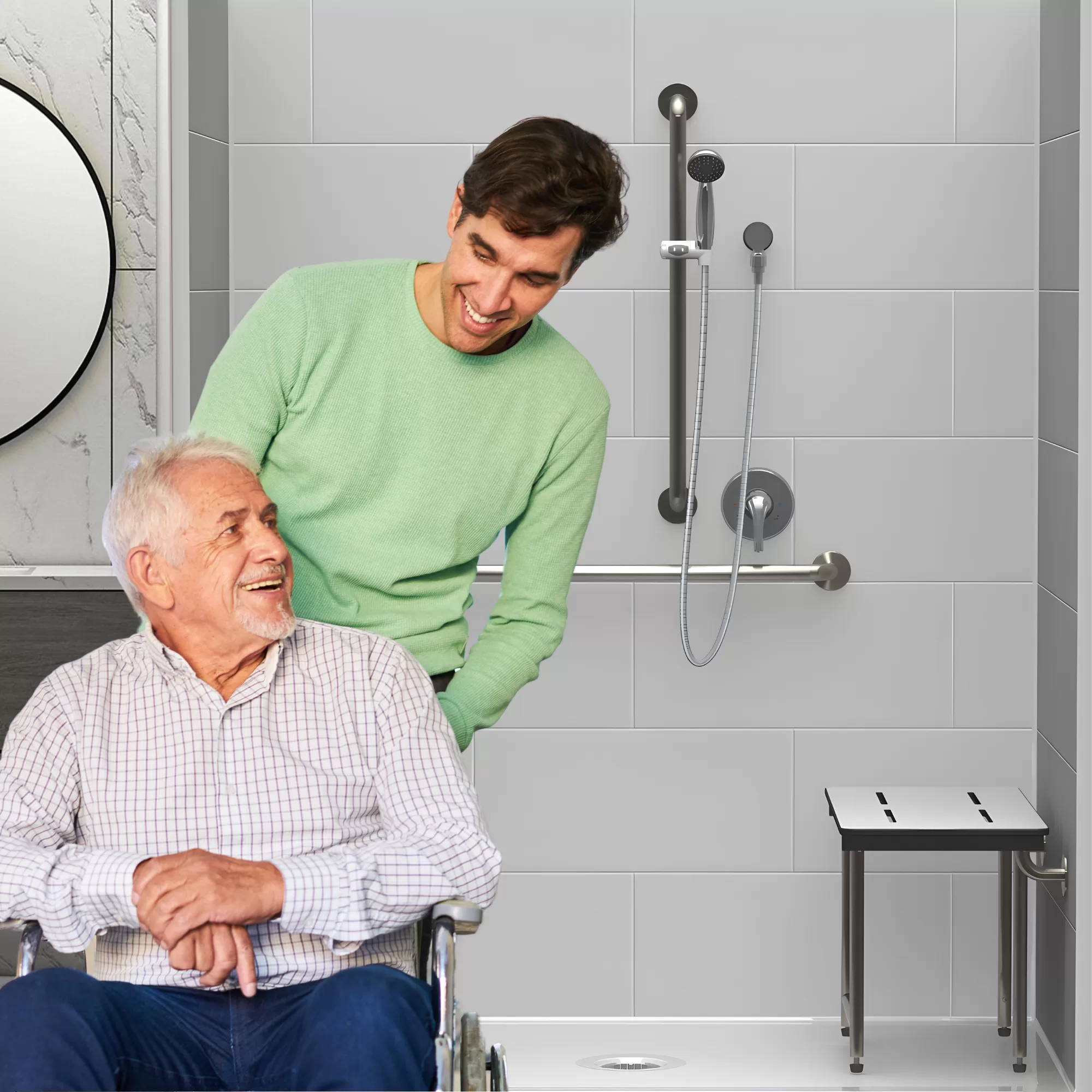 “Barrier-free ADA roll-in shower model LB2S26333A75B with smooth walls and a 63×33 single-piece design alongside a smiling senior person.”