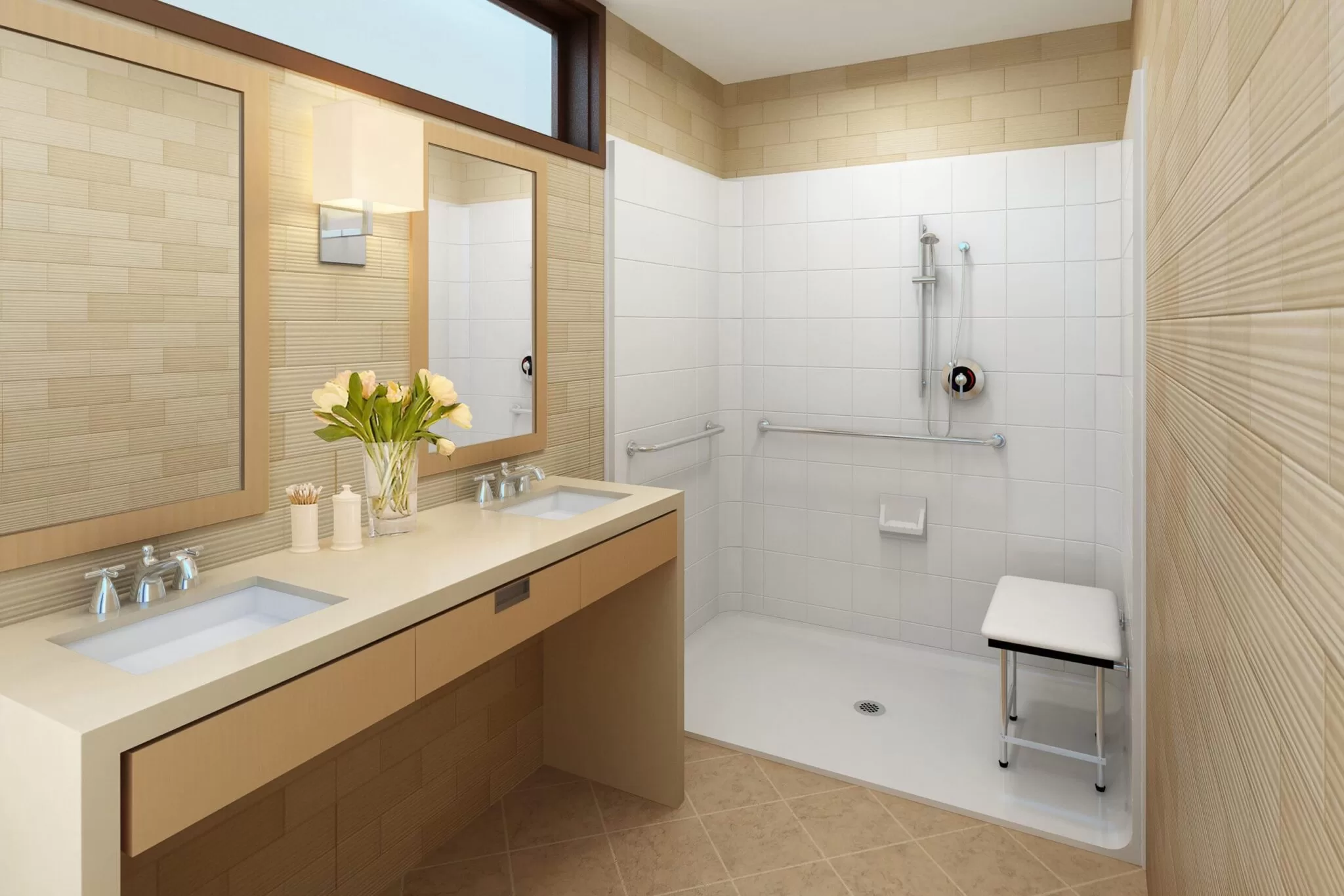 “LG ADA-compliant shower in a senior living facility, designed for safe, barrier-free bathing.”