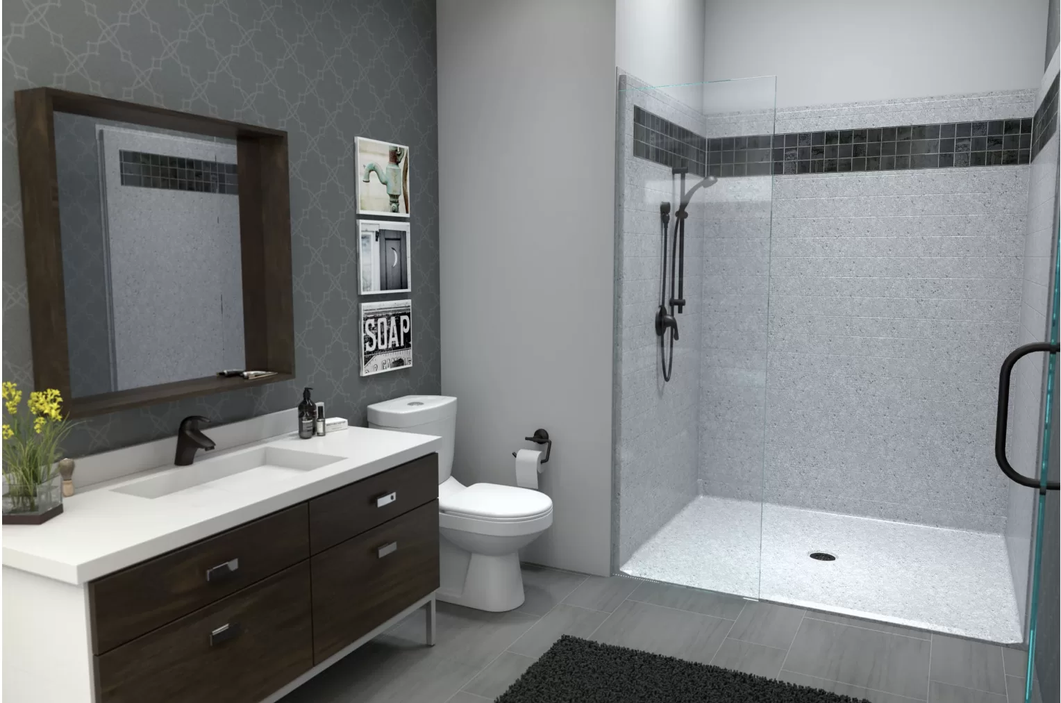 “LG barrier-free shower with accessible design for safe, easy entry and use.”