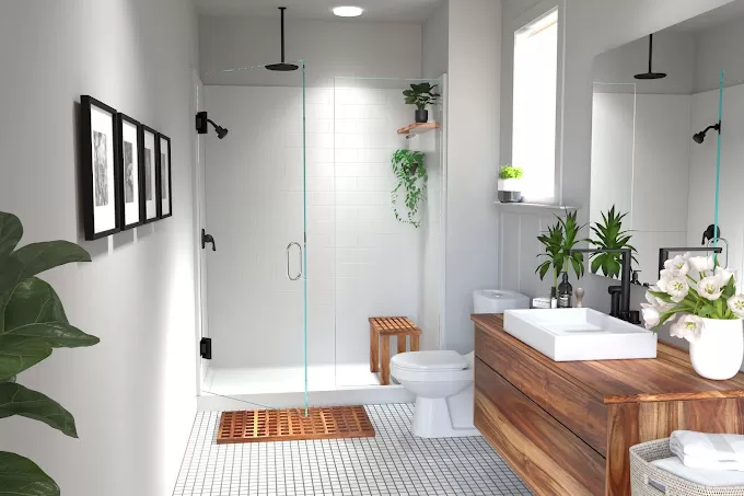 “LG in-home curbed Easy Step shower in a modern bathroom with accessible design features.”