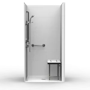 ADA transfer shower with center drain, flexible threshold heights, 12x18 subway tile walls, and flat-back soap feature