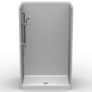 LG Showers 46×36 single-piece alcove shower with large subway tile walls, flat back, center drain, and 4-inch curbed threshold.