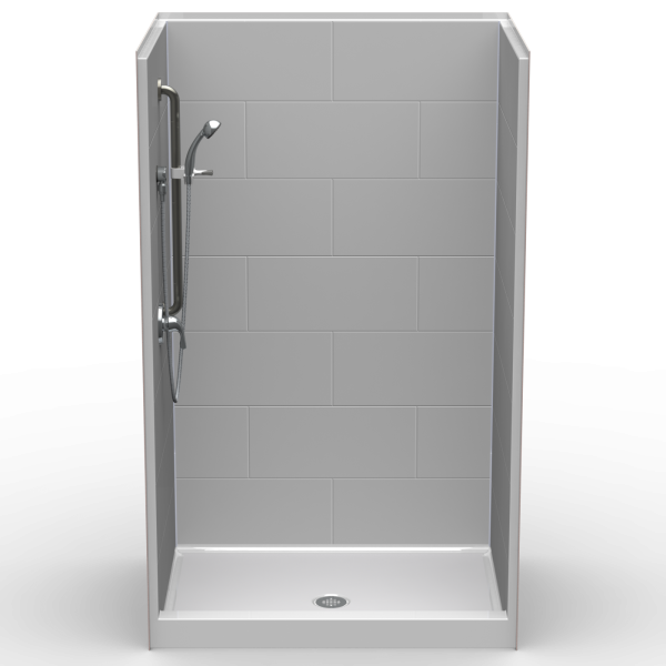 LG Showers 46″ x 36″ Single-Piece Alcove Shower | Large Subway Tile | Center Drain LG Showers 46×36 single-piece alcove shower with large subway tile walls, flat back, center drain, and 4-inch curbed threshold.