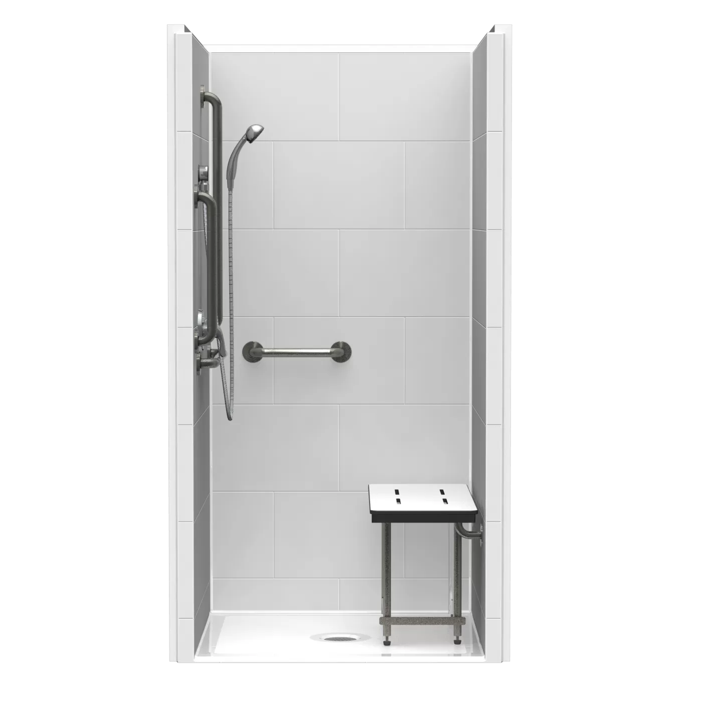 Single-piece barrier-free shower for residential bathroom installation