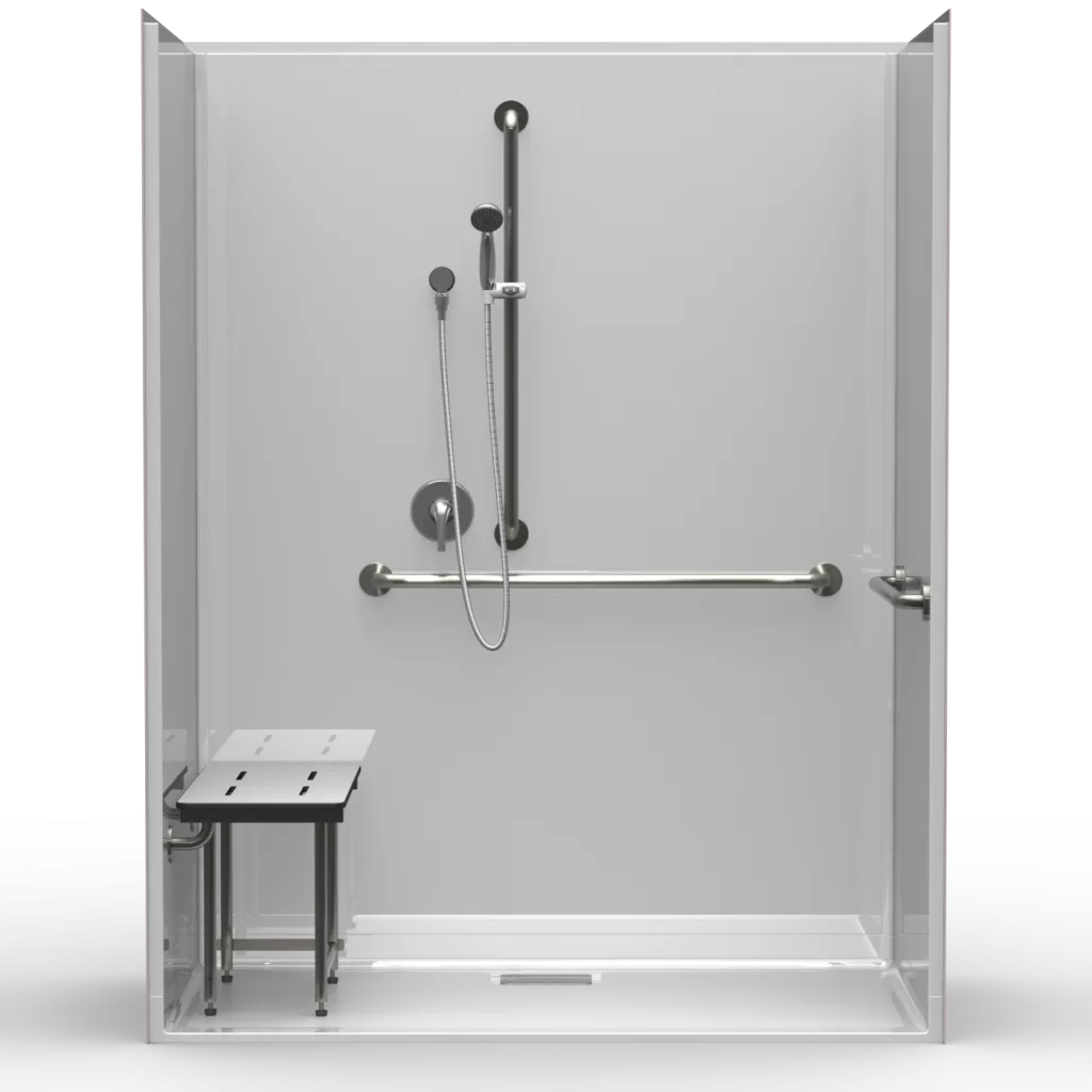 LG Showers multi-piece barrier-free residential shower, 63" x 33" interior, beveled threshold, rear square drain