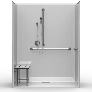 LG Showers multi-piece barrier-free residential shower, 63" x 33" interior, beveled threshold, rear square drain