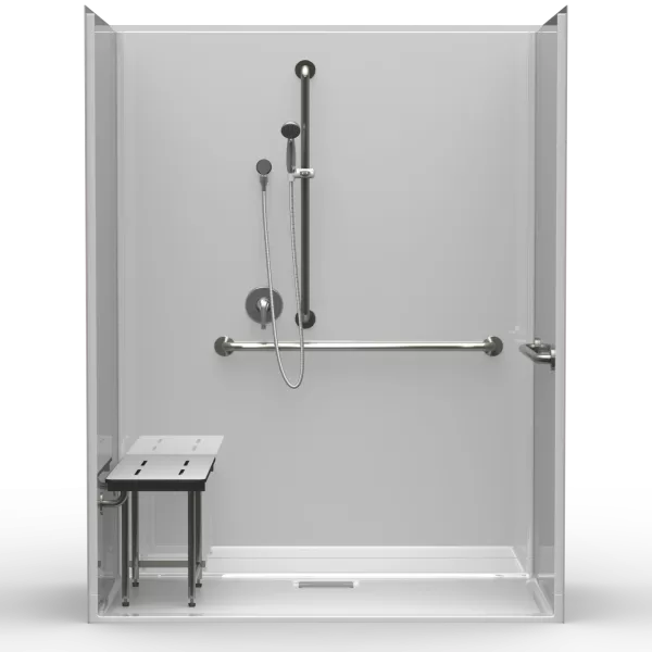 LG Showers multi-piece barrier-free residential shower, 63" x 33" interior, beveled threshold, rear square drain