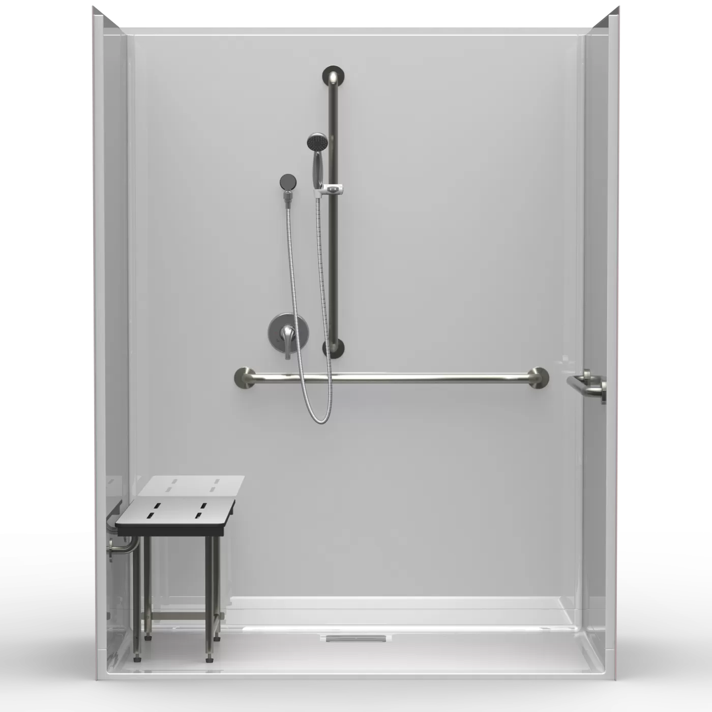 LG Showers multi-piece barrier-free residential shower, 63" x 33" interior, beveled threshold, rear square drain