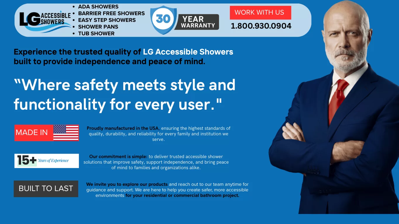 LG sales representative standing confidently in front of accessible shower installations