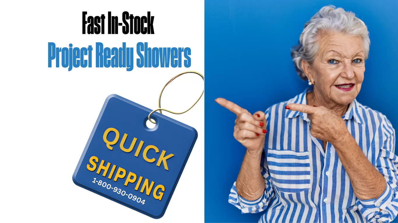 Lady pointing to residential remodeler quick in-stock showers ready to ship next day