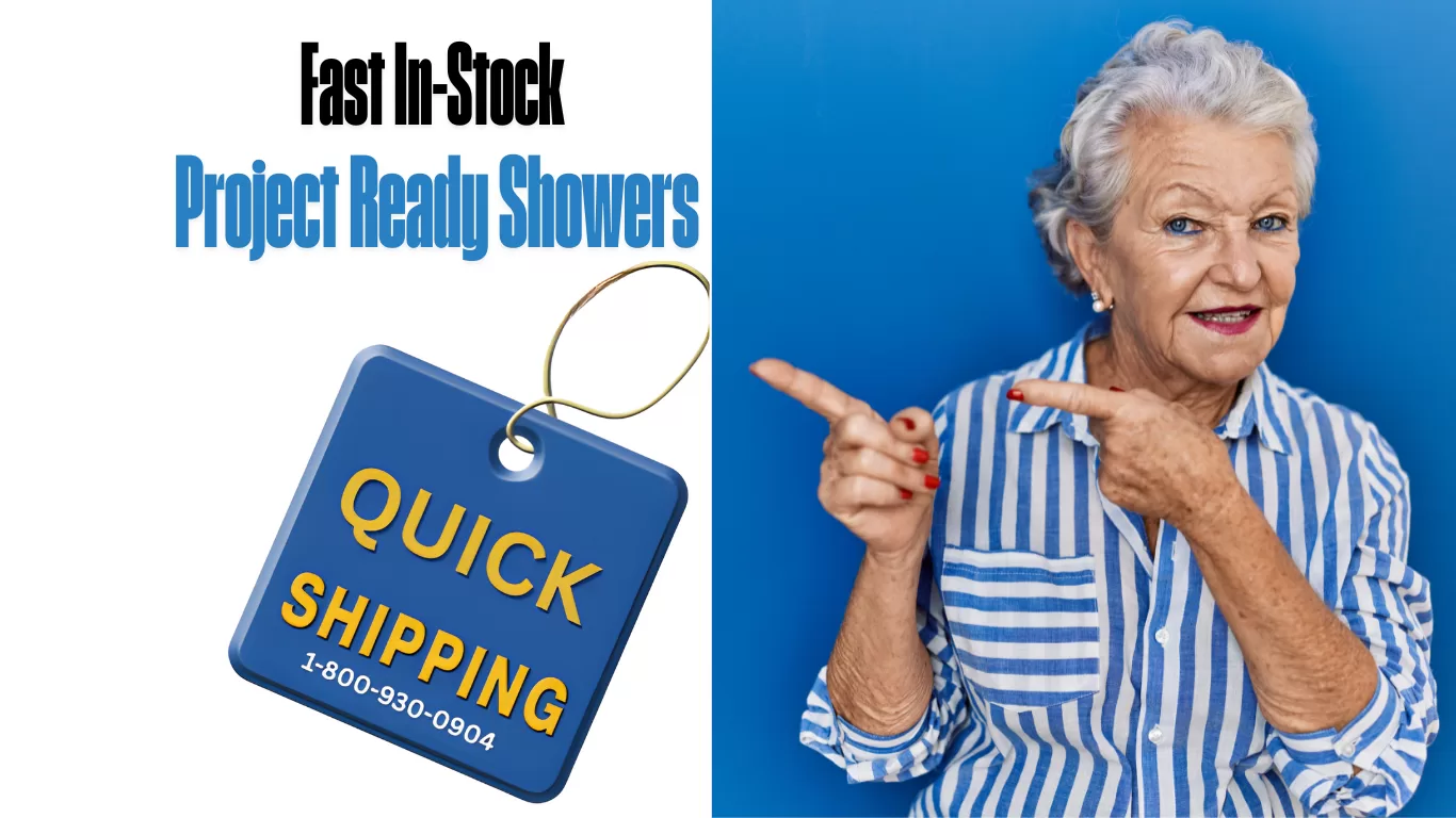 Lady pointing to residential remodeler quick in-stock showers ready to ship next day