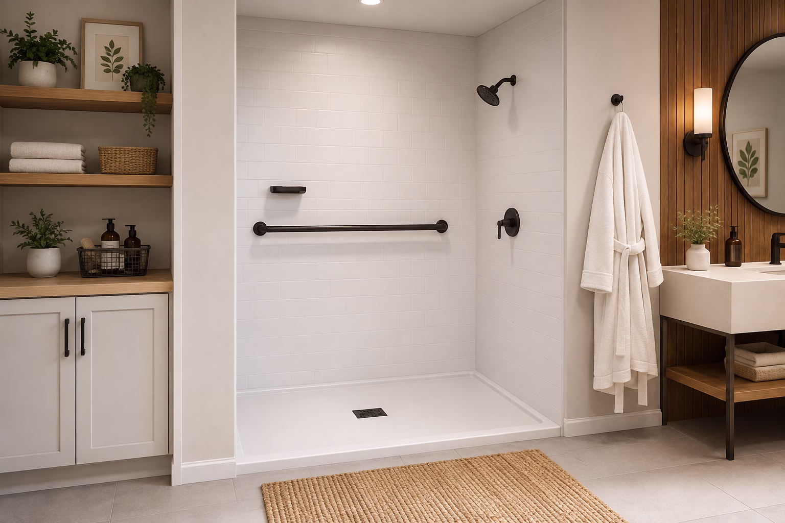 Accessible barrier-free shower pan installed in a modern residential bathroom