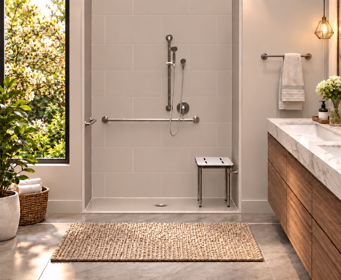 Barrier-free shower pan in a residential bathroom