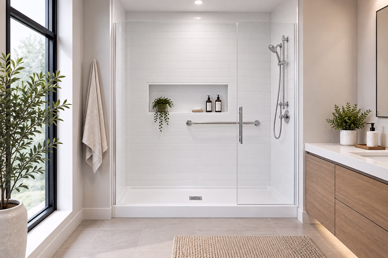 Easy Step shower pan with low threshold and glass enclosure in a modern residential bathroom