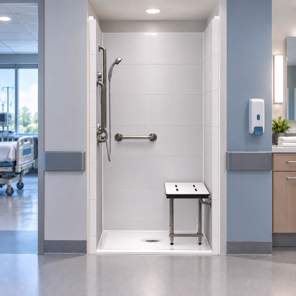 ADA transfer shower in a healthcare environment