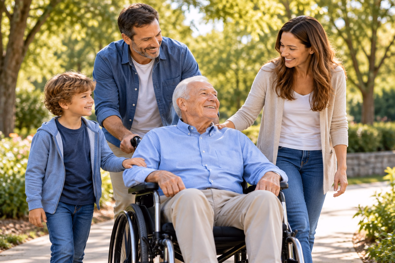 Family enjoying time outdoors with their grandfather in a wheelchair